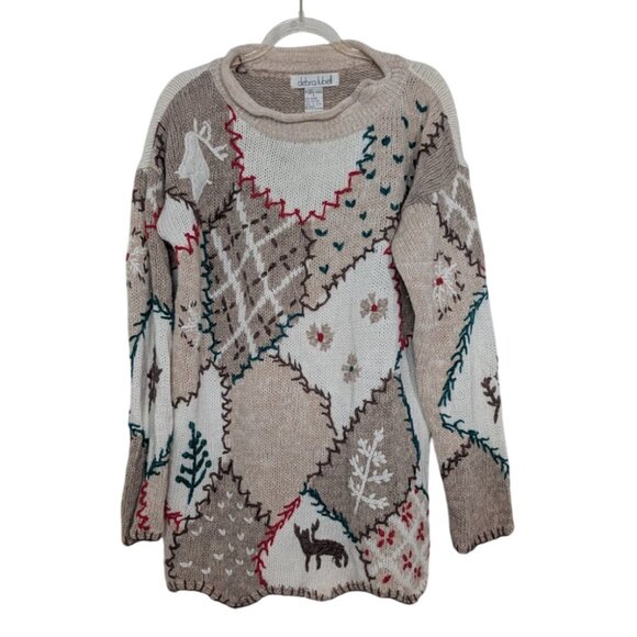 Vintage 90s Embroidered Patchwork Sweater Womens Size Small Beige Neutral Moose - Picture 1 of 10